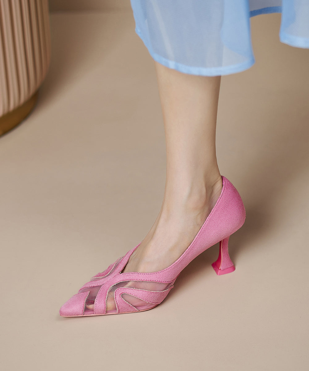 Pink Suede High Heels Pointed Toe Chic Splicing Tulle