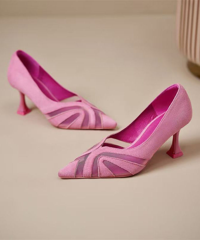 Pink Suede High Heels Pointed Toe Chic Splicing Tulle