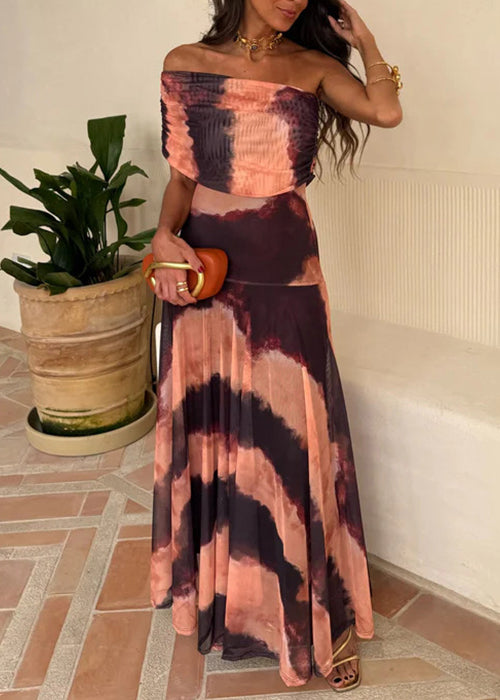 Pink Tie Dye Print Tulle Long Dress Slash Neck
