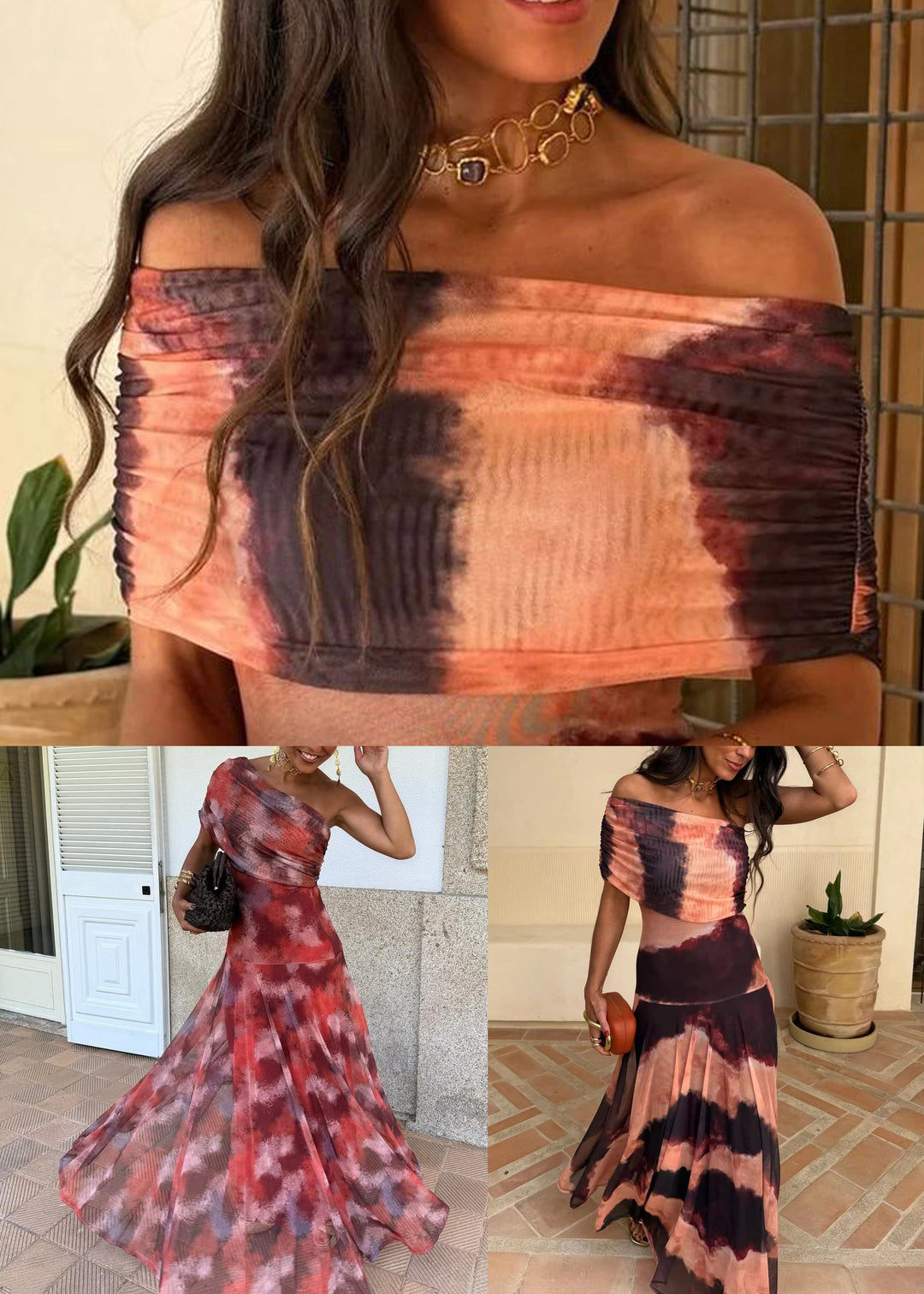 Pink Tie Dye Print Tulle Long Dress Slash Neck