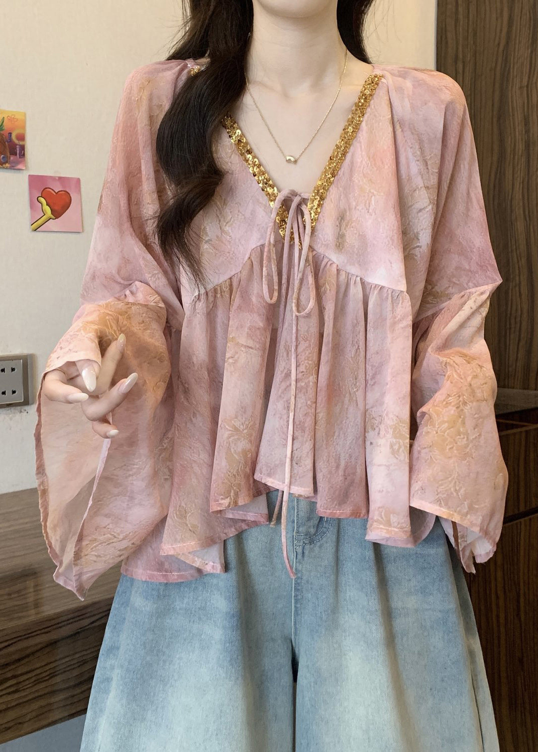 Pink Tie Lace Chiffon Top Flare Sleeve