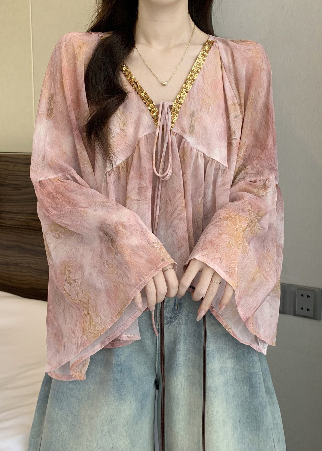 Pink Tie Lace Chiffon Top Flare Sleeve