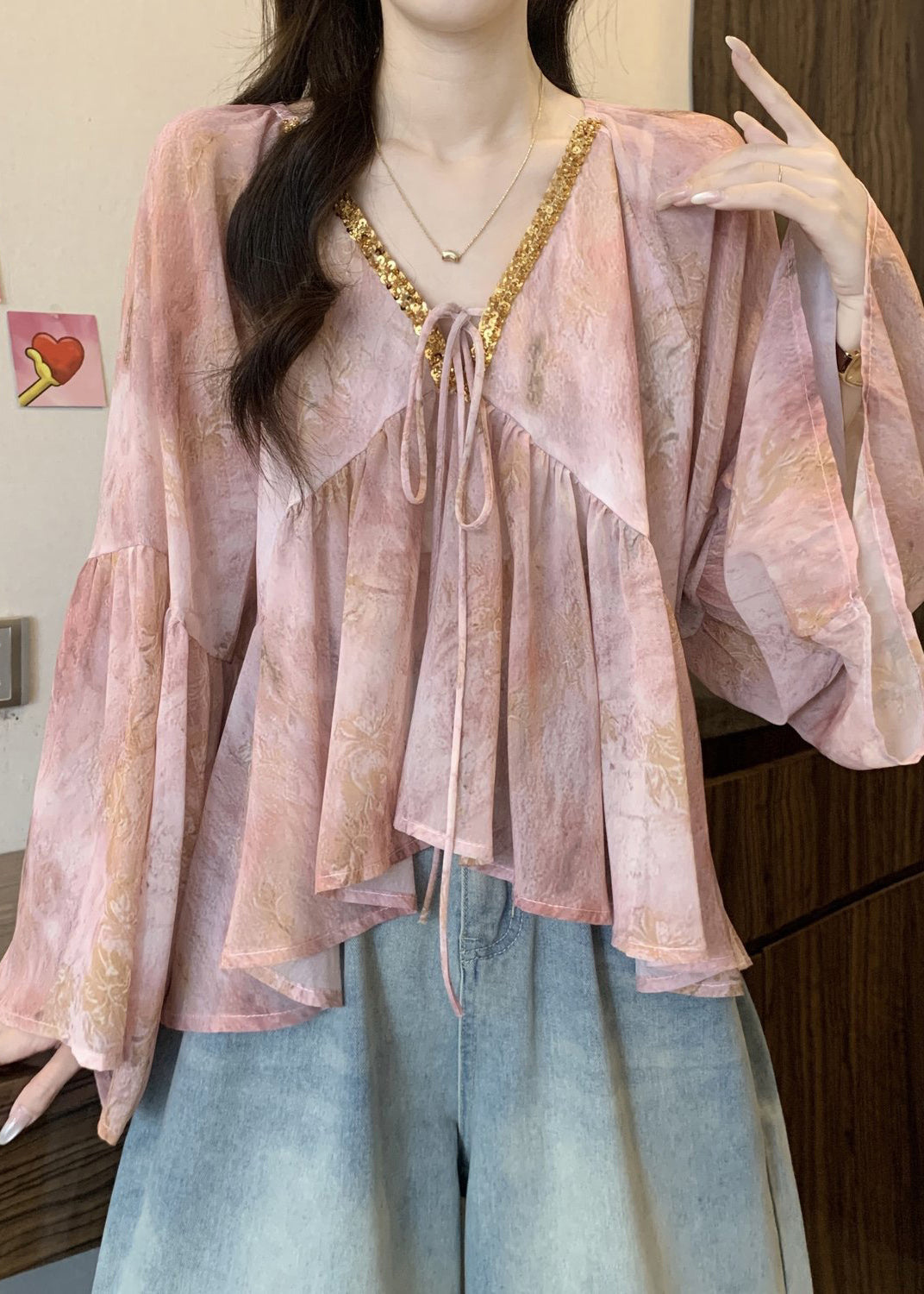 Pink Tie Lace Chiffon Top Flare Sleeve