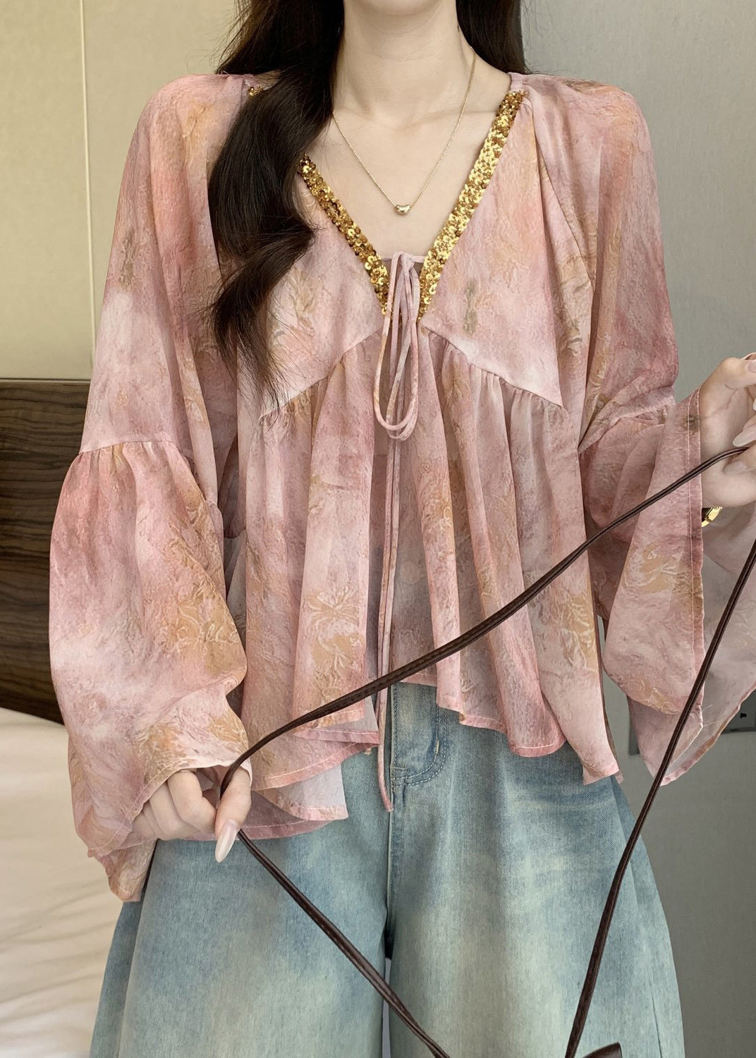 Pink Tie Lace Chiffon Top Flare Sleeve