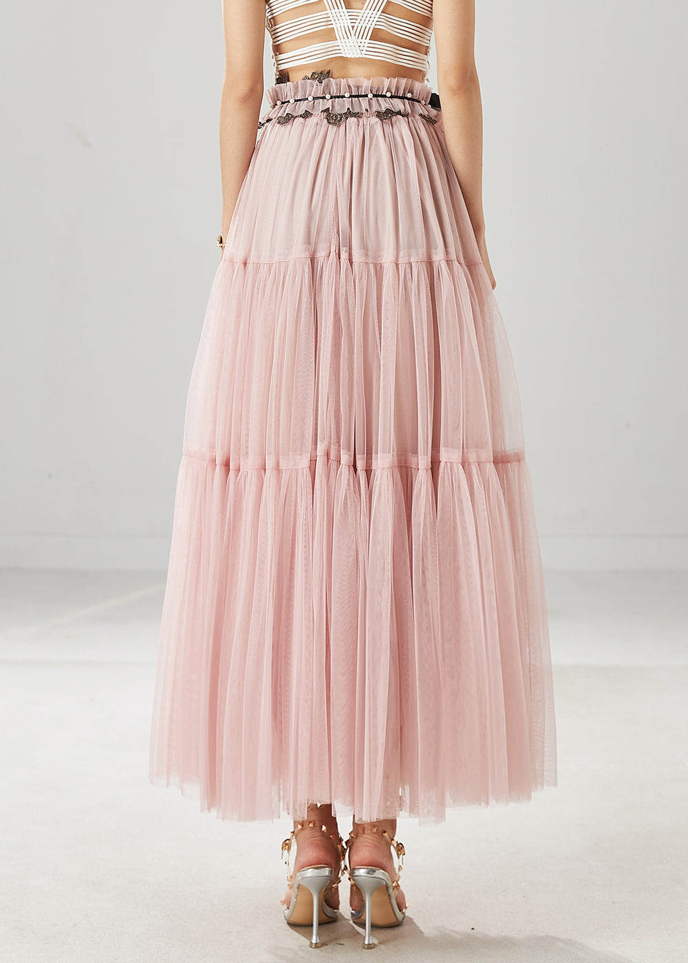 Pink Tulle Beach Skirts Embroidered Ruffled Spring