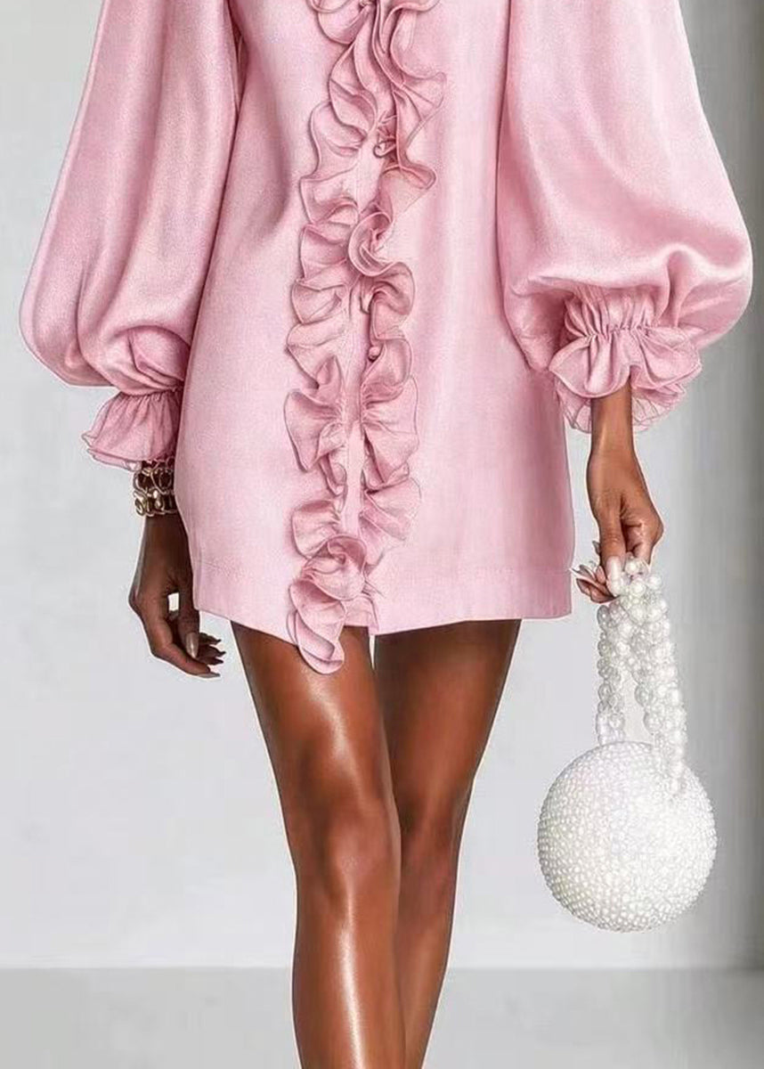 Pink Vacation Dress V Neck Ruffled Puff Sleeve