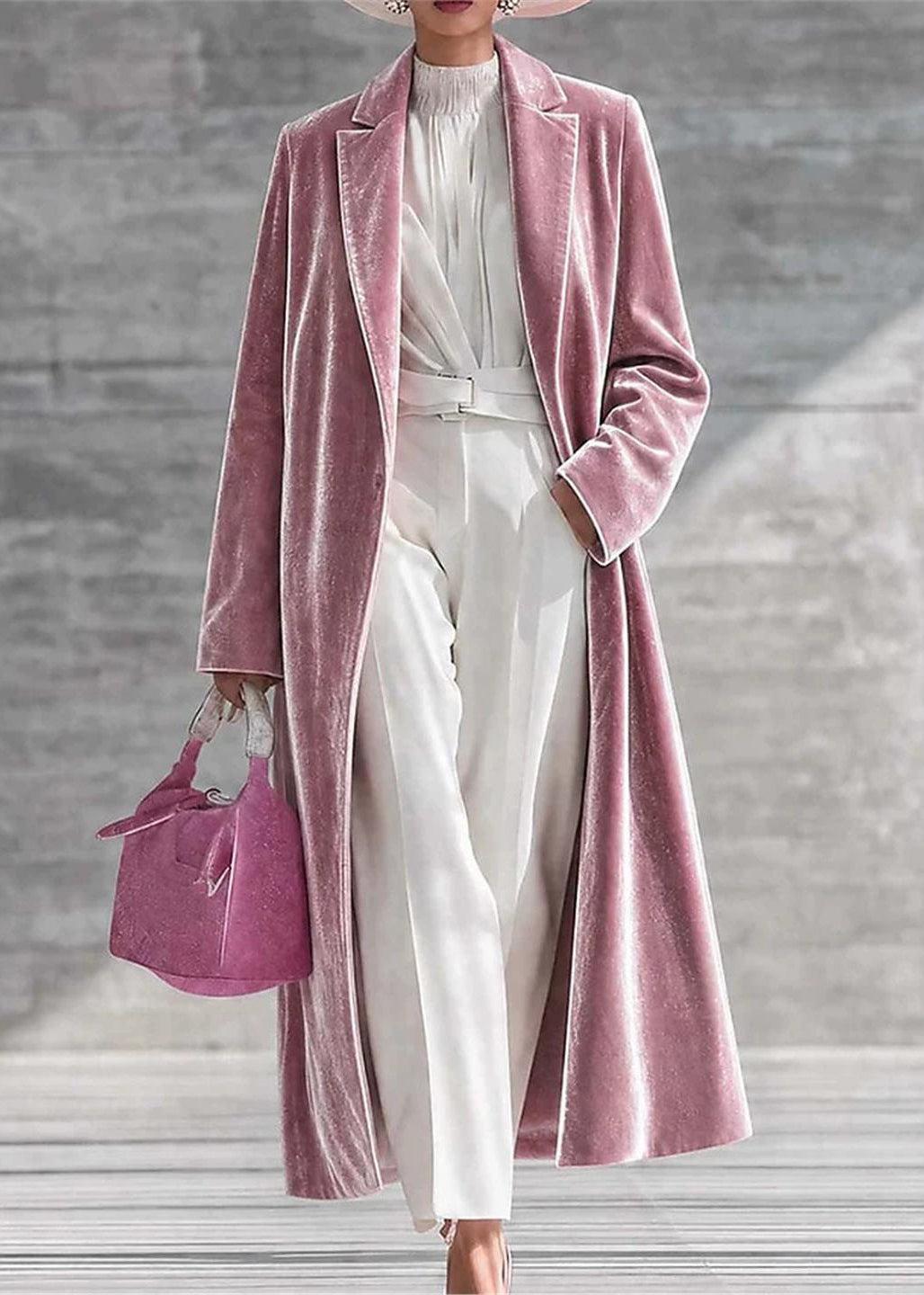 Pink Velour Below-Knee Long Coat Notched Winter