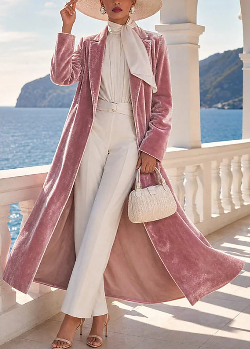 Pink Velour Below-Knee Long Coat Notched Winter