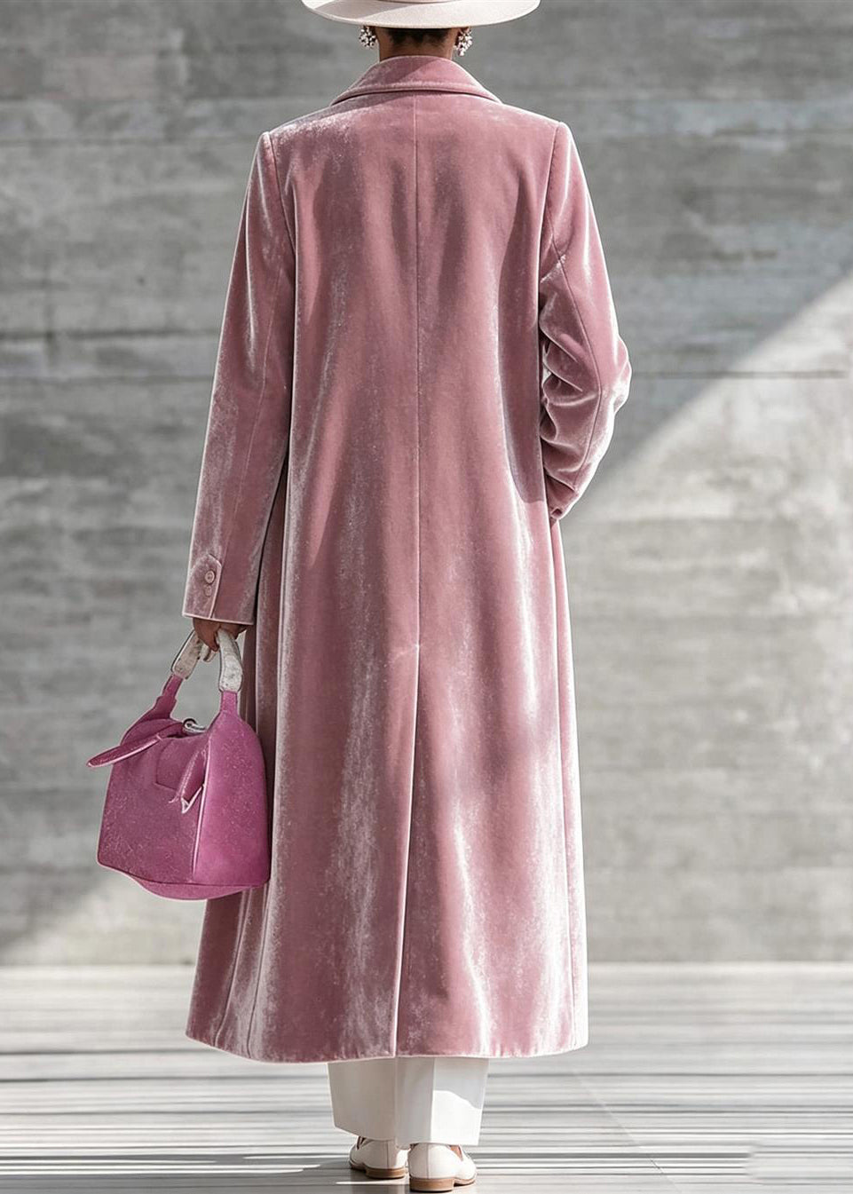 Pink Velour Below-Knee Long Coat Notched Winter