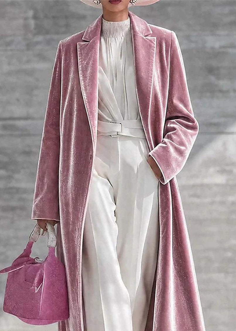Pink Velour Below-Knee Long Coat Notched Winter