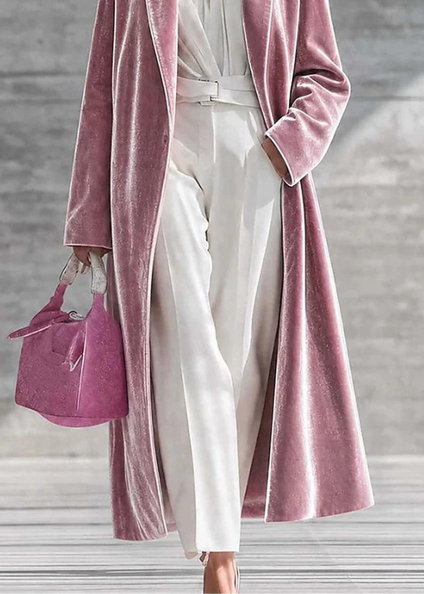 Pink Velour Below-Knee Long Coat Notched Winter