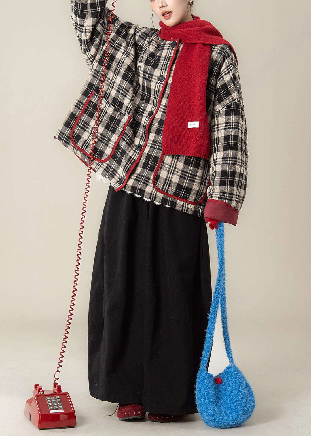 Plaid Black O Neck Pockets Coat And Pants Cotton Filled Two Pieces Set Winter