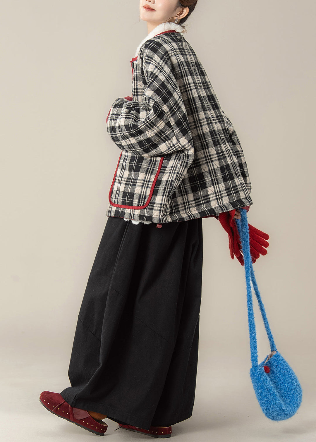 Plaid Black O Neck Pockets Coat And Pants Cotton Filled Two Pieces Set Winter