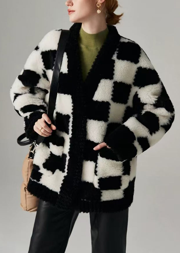 Plaid Black V Neck Button Pockets Woolen Coat Winter