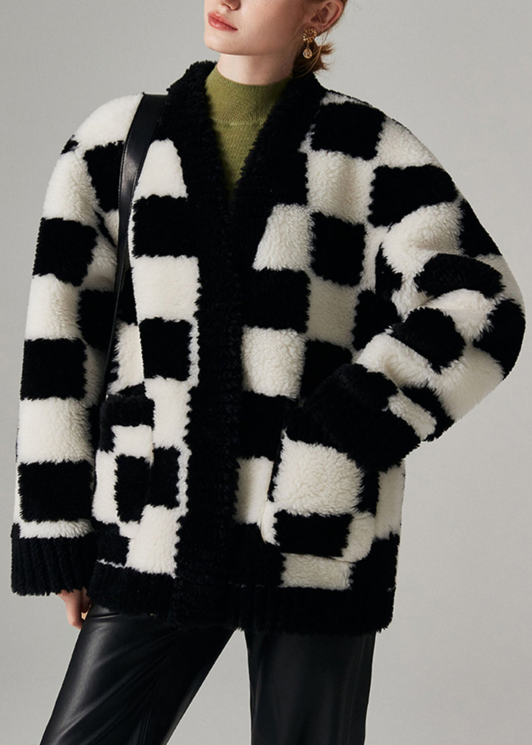 Plaid Black V Neck Button Pockets Woolen Coat Winter