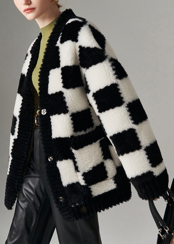 Plaid Black V Neck Button Pockets Woolen Coat Winter