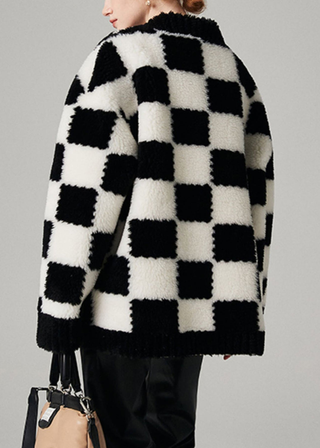 Plaid Black V Neck Button Pockets Woolen Coat Winter