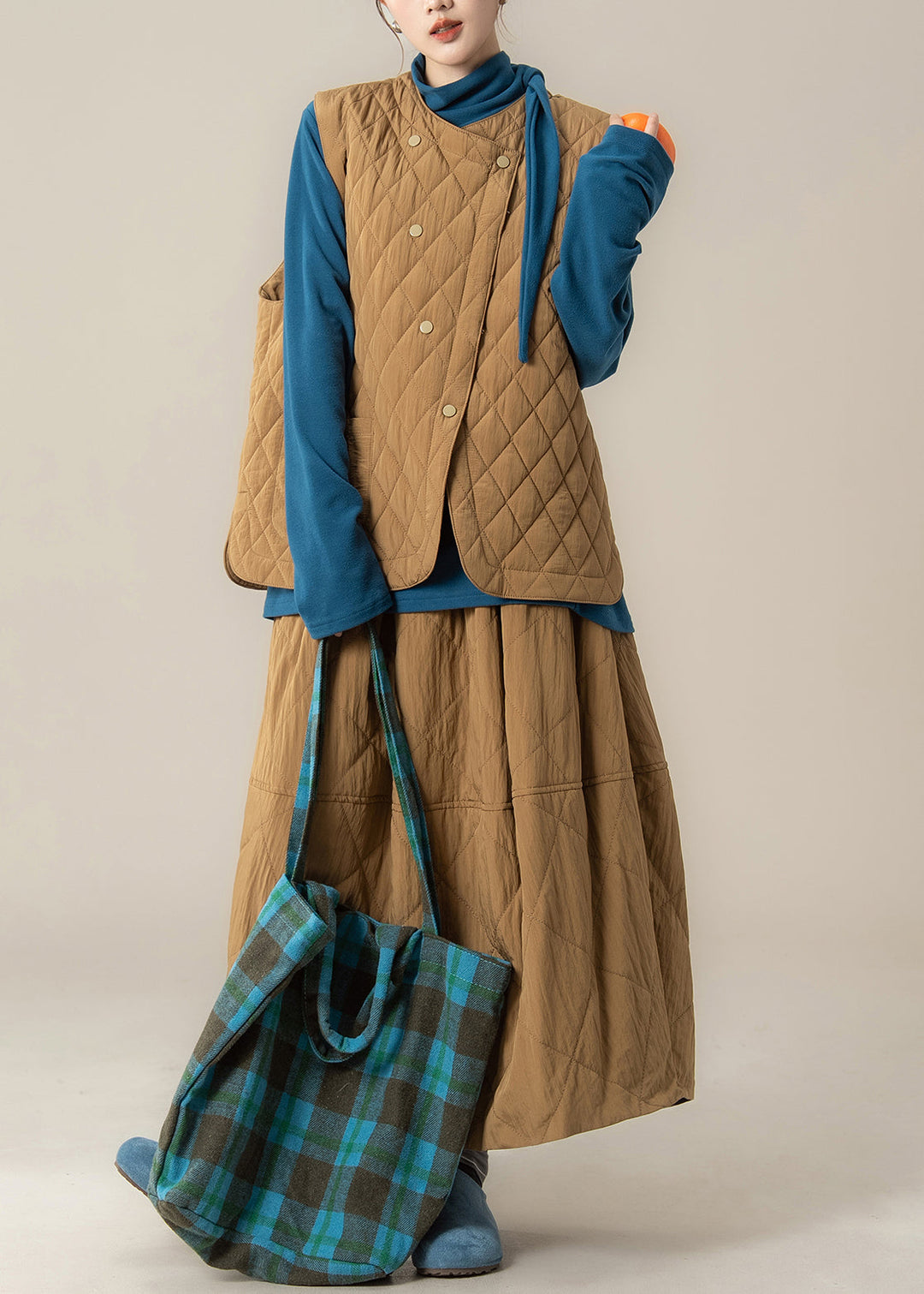 Plaid Khaki Button Cotton Filled Waistcoat And Skirts Three Pieces Set Winter