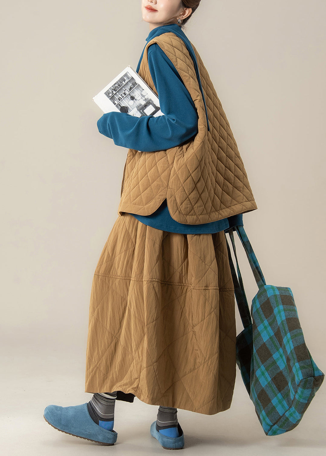 Plaid Khaki Button Cotton Filled Waistcoat And Skirts Three Pieces Set Winter