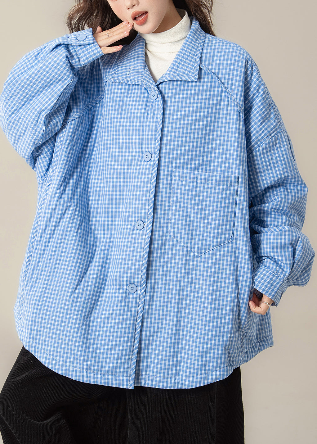 Plaid Light Blue Button Pockets Cotton Filled Shirts Parkas Spring