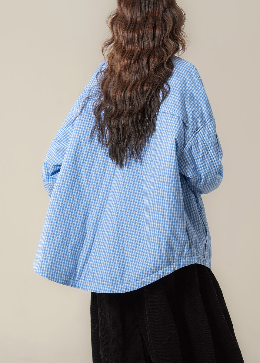 Plaid Light Blue Button Pockets Cotton Filled Shirts Parkas Spring