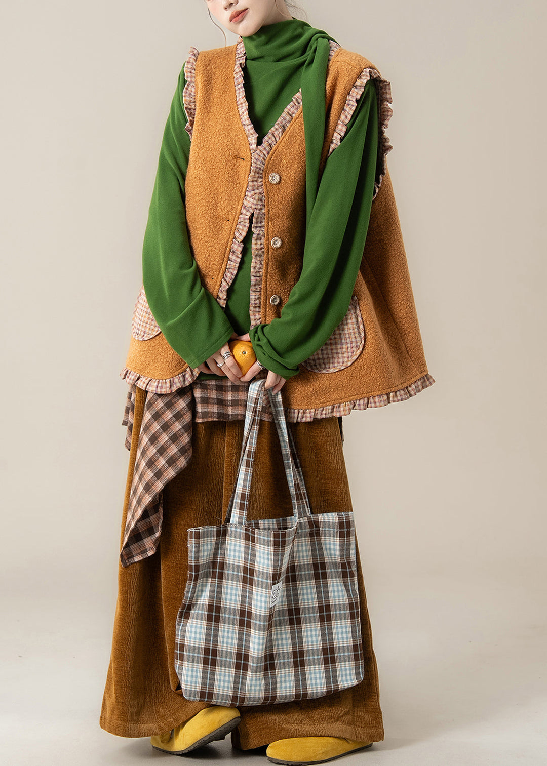 Plaid Orange Ruffled Wear On Both Sides Teddy Waistcoat And Pants Two Pieces Set Fall