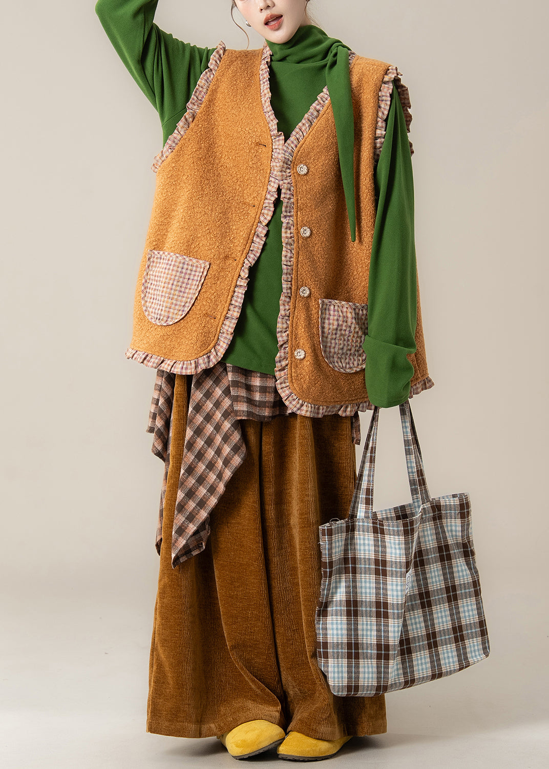 Plaid Orange Ruffled Wear On Both Sides Teddy Waistcoat And Pants Two Pieces Set Fall