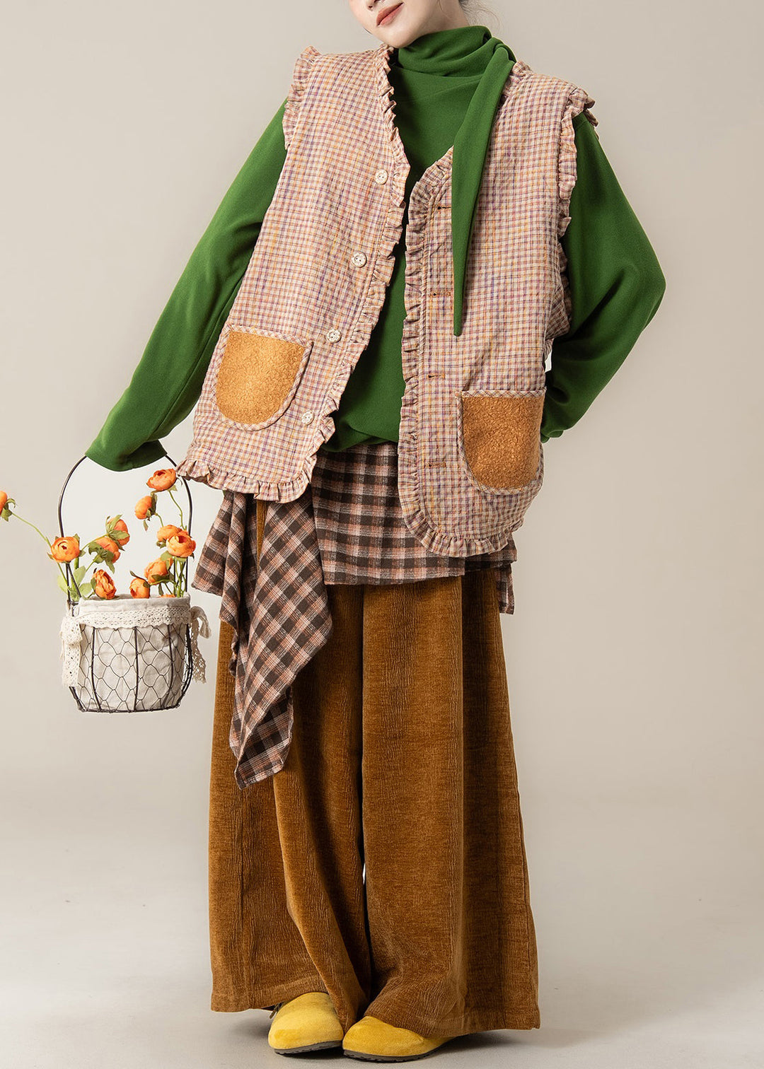 Plaid Orange Ruffled Wear On Both Sides Teddy Waistcoat And Pants Two Pieces Set Fall
