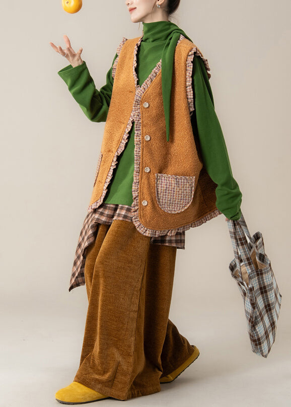 Plaid Orange Ruffled Wear On Both Sides Teddy Waistcoat And Pants Two Pieces Set Fall