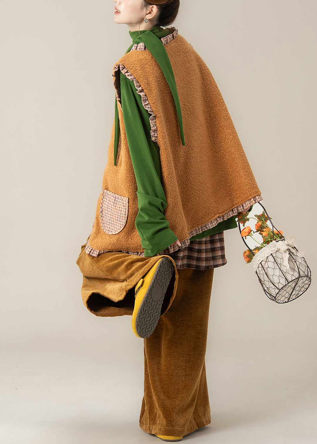 Plaid Orange Ruffled Wear On Both Sides Teddy Waistcoat And Pants Two Pieces Set Fall