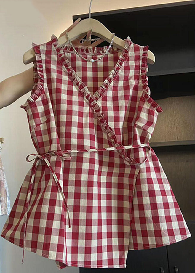 Plaid Red Ruffled Tie Waist Cotton Blouses Sleeveless