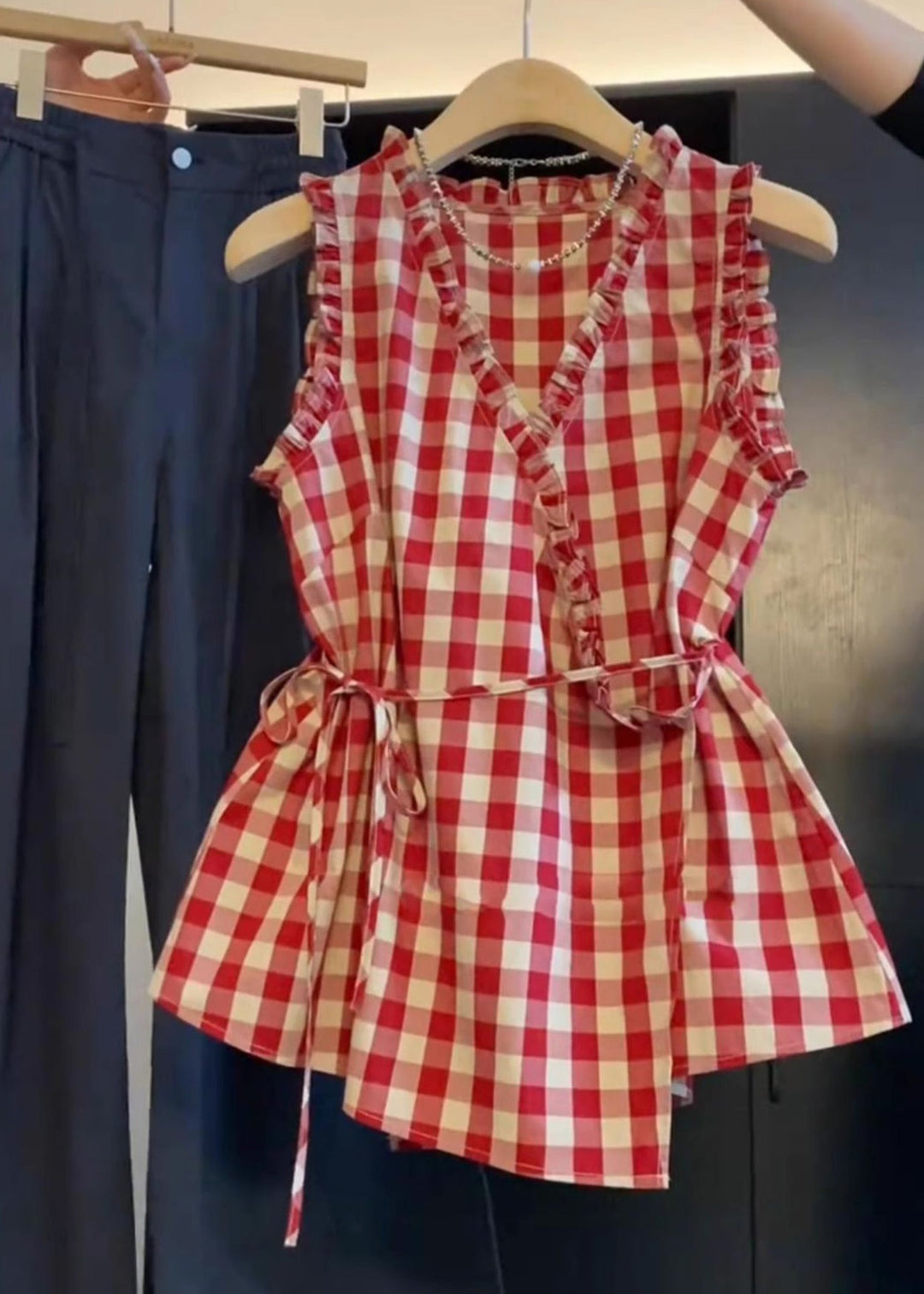 Plaid Red Ruffled Tie Waist Cotton Blouses Sleeveless