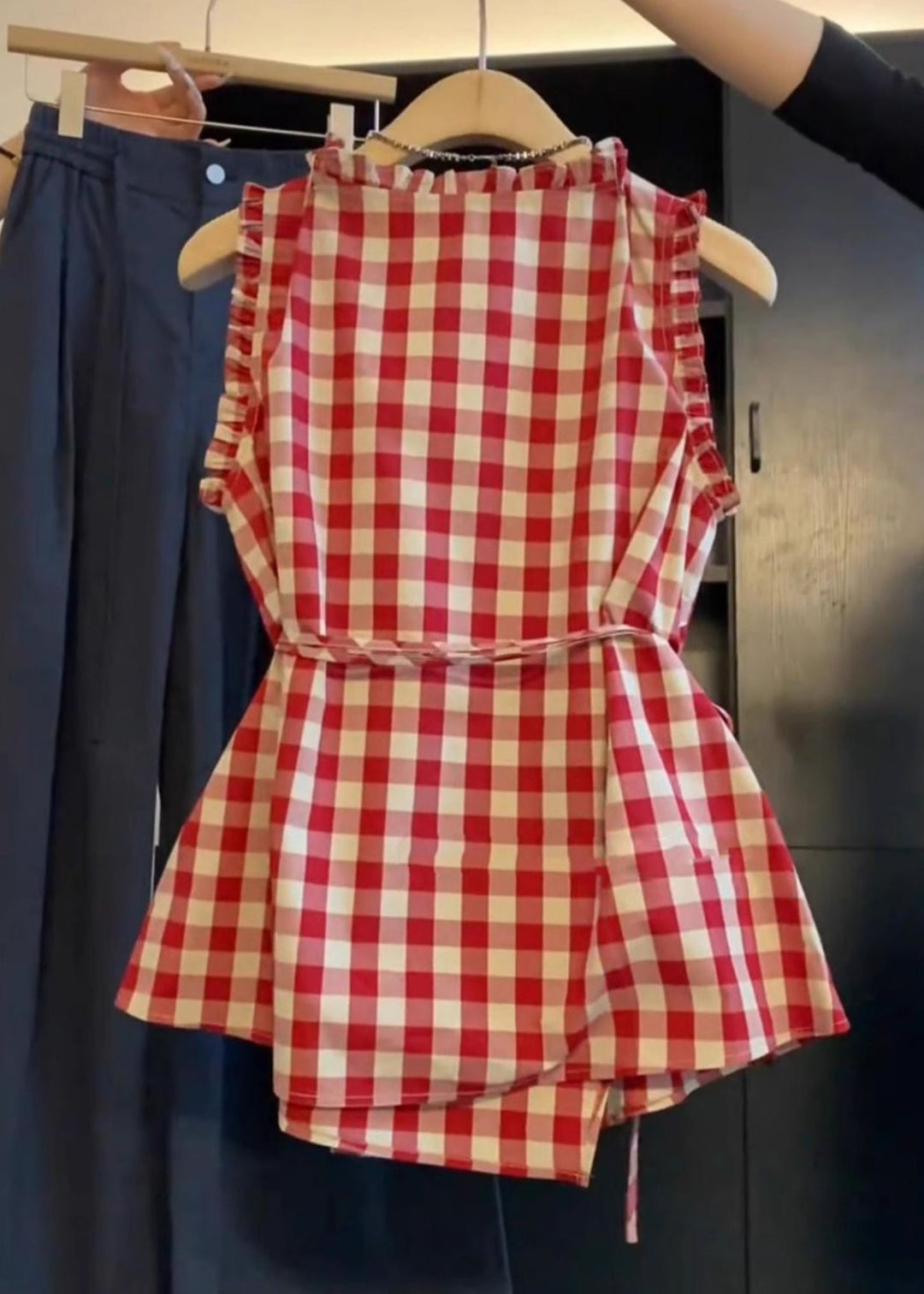 Plaid Red Ruffled Tie Waist Cotton Blouses Sleeveless