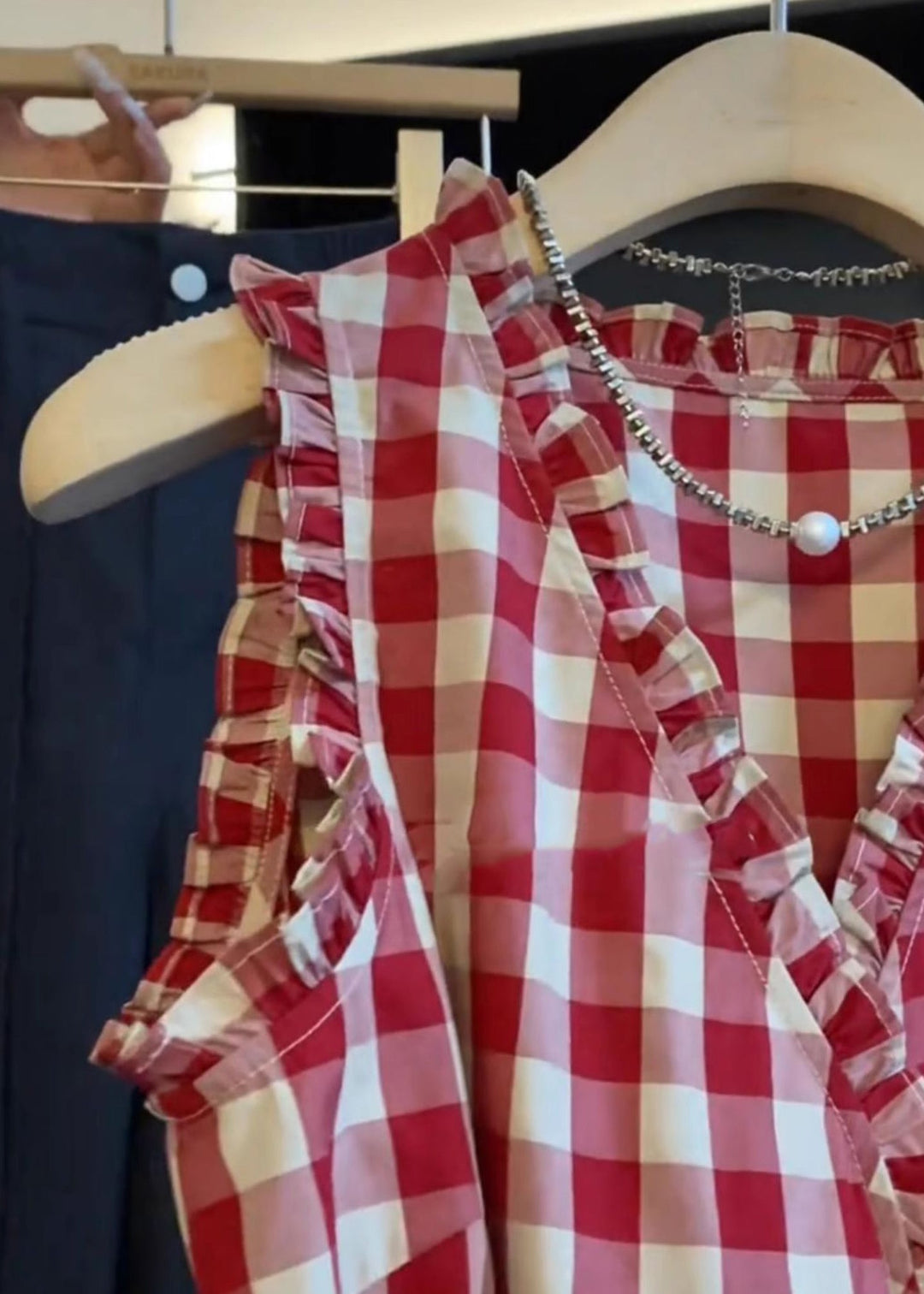 Plaid Red Ruffled Tie Waist Cotton Blouses Sleeveless
