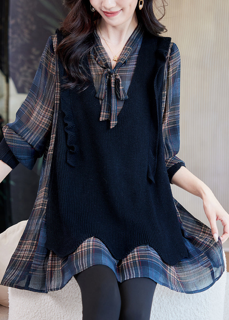Plaid V Neck Lace Up Knit Patchwork Blouses Fall