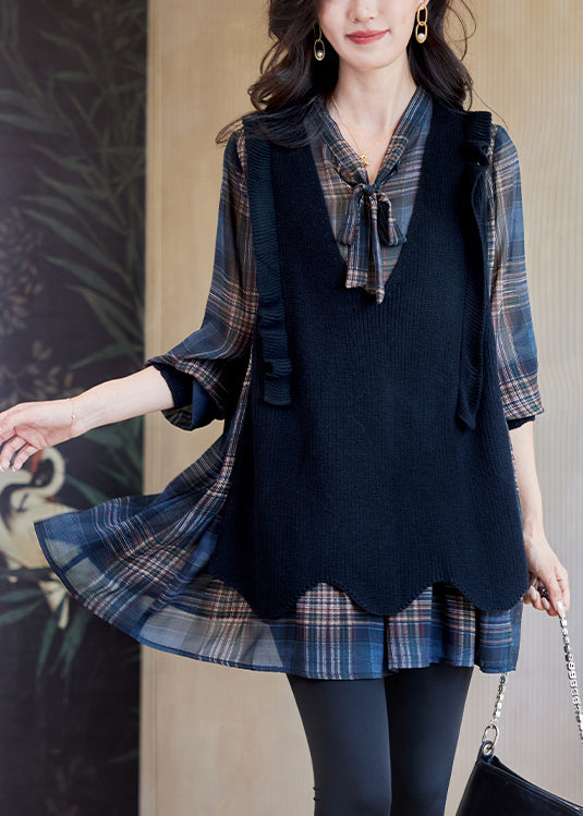 Plaid V Neck Lace Up Knit Patchwork Blouses Fall