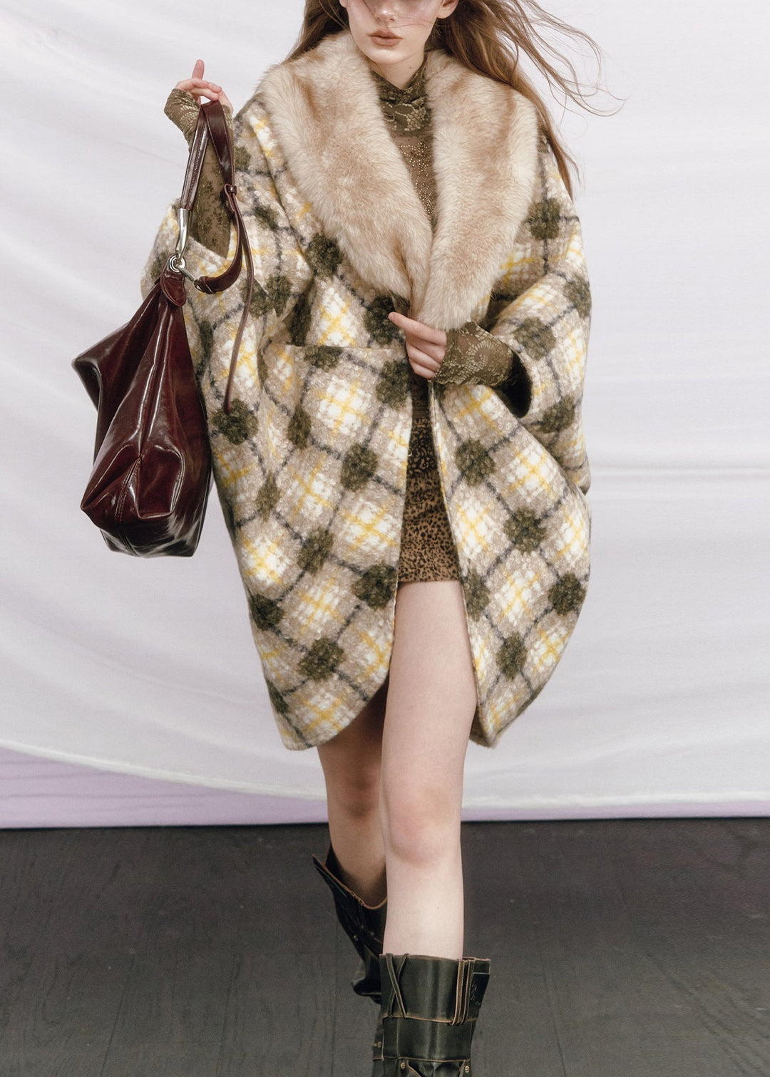 Plaid Yellow Fur Collar Pockets Patchwork Woolen Coats Batwing Sleeve