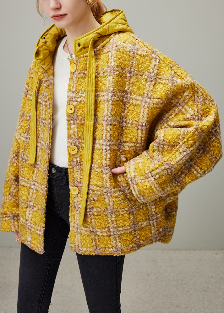 Plaid Yellow Hooded Button Pockets Oversized Woolen Coats Winter