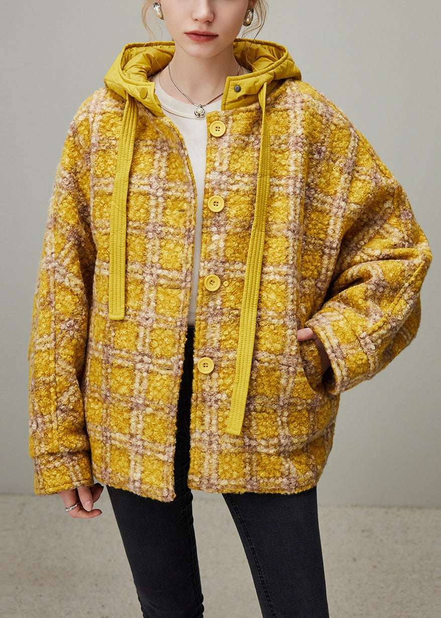 Plaid Yellow Hooded Button Pockets Oversized Woolen Coats Winter