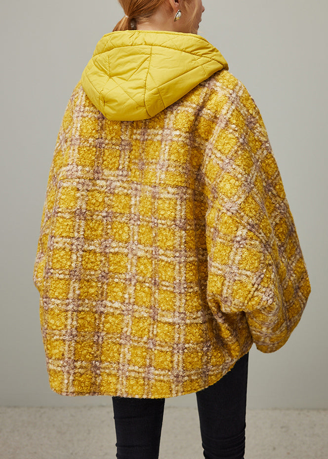 Plaid Yellow Hooded Button Pockets Oversized Woolen Coats Winter