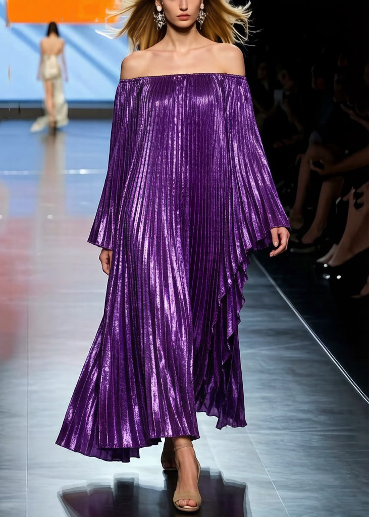 Pleated Batwing Sleeves Off-The-Shoulder Maxi Evening Dresses