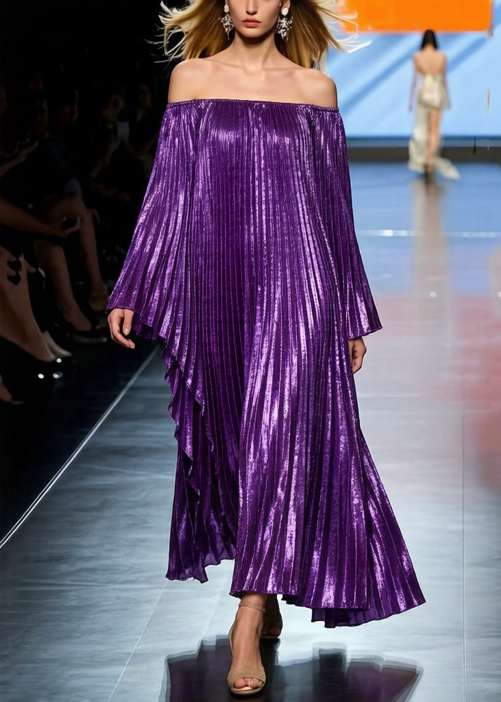 Pleated Batwing Sleeves Off-The-Shoulder Maxi Evening Dresses