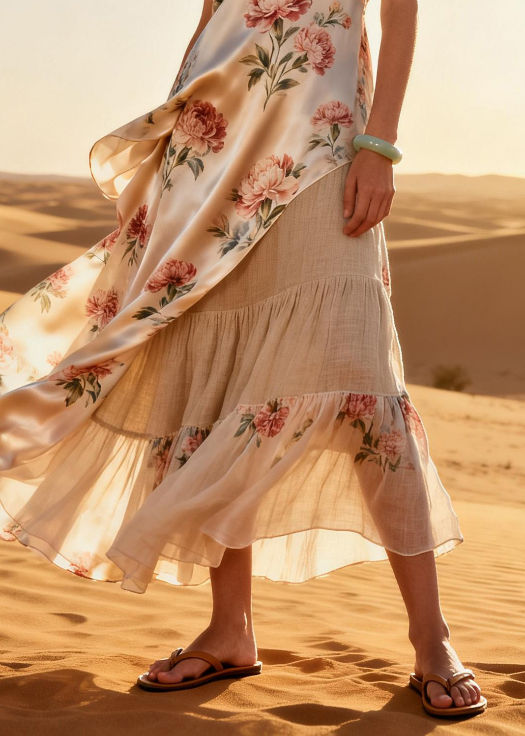 Plus Size Apricot Asymmetrical Patchwork Print Silk Long Dress Summer