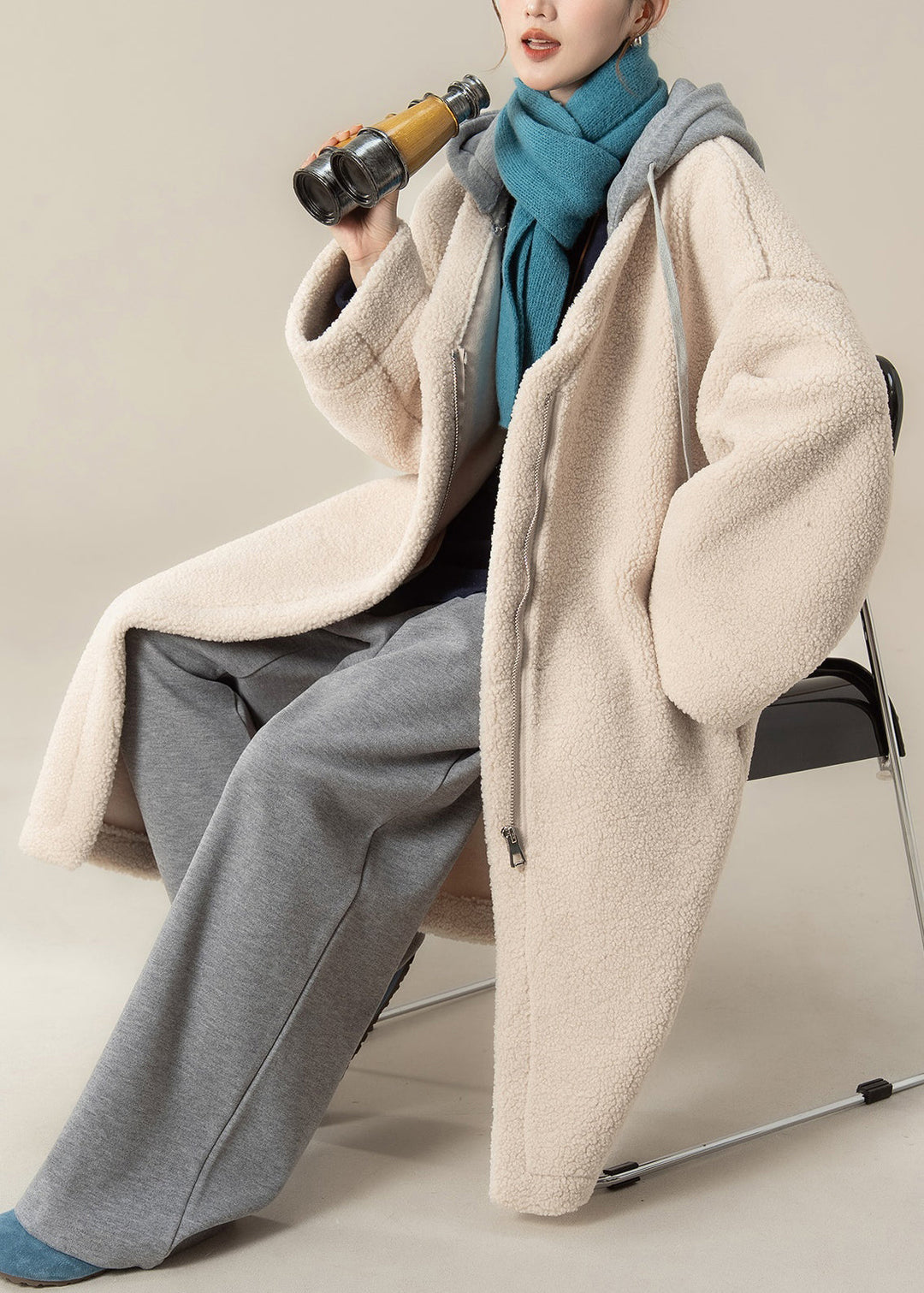 Plus Size Apricot Hooded Zippered Patchwork Teddy Faux Fur Coat Winter