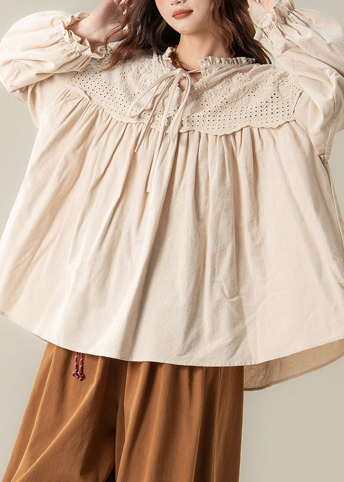 Plus Size Apricot O-Neck Patchwork Shirt Lantern Sleeve