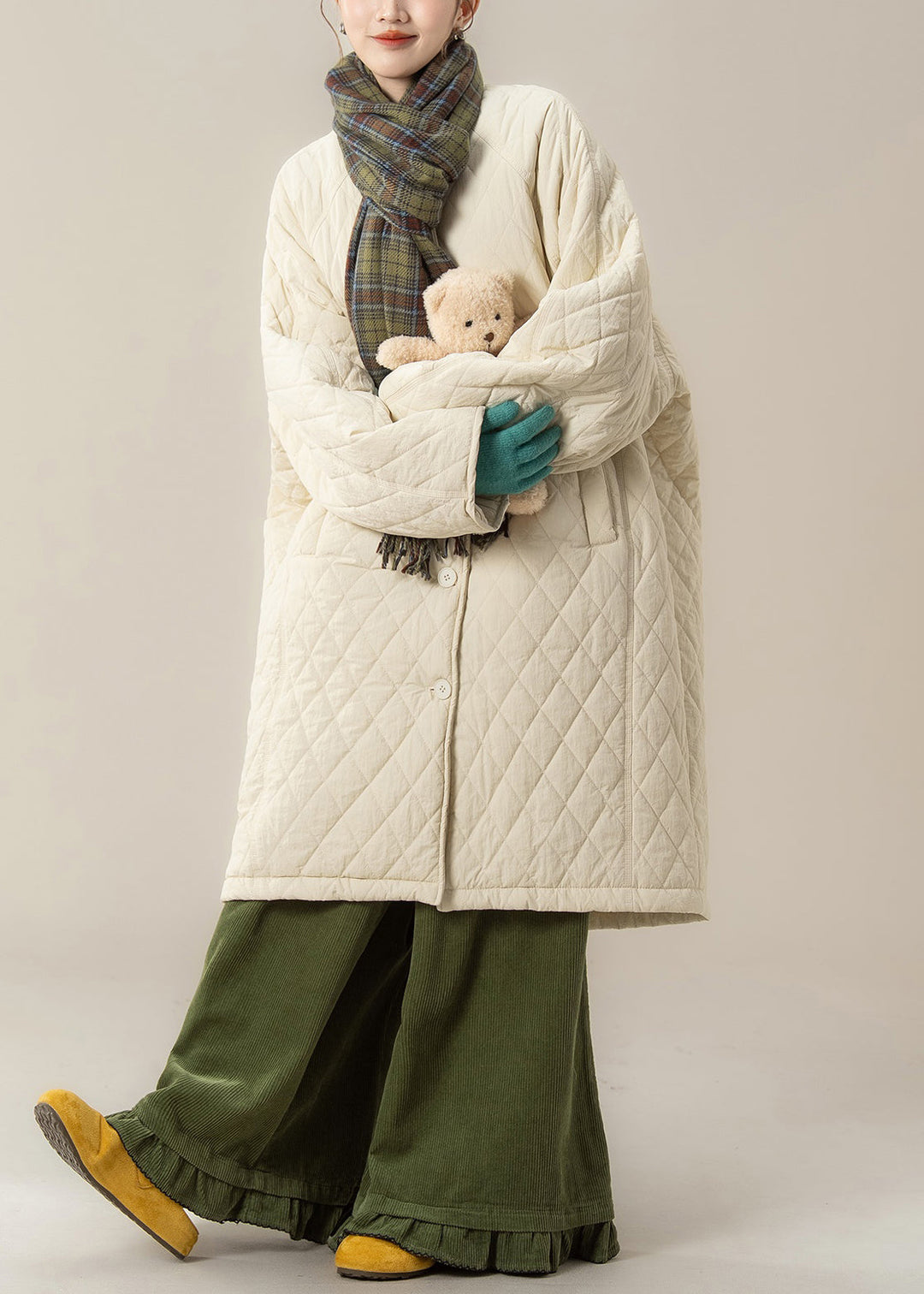 Plus Size Apricot O Neck Plaid Pockets Cotton Filled Parka Winter