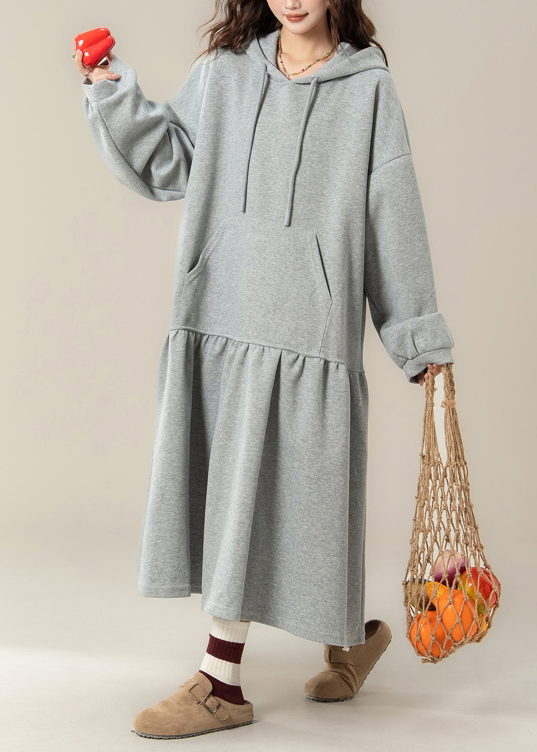 Plus Size Apricot Patchwork Cotton Hooded Dresses Fall