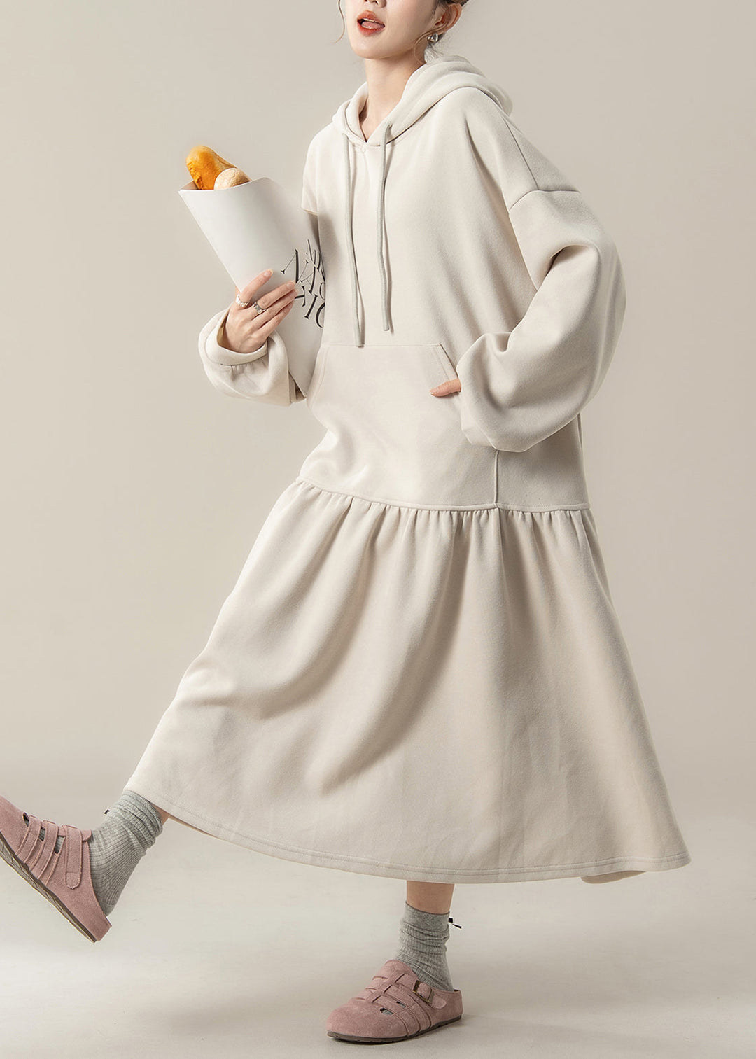 Plus Size Apricot Patchwork Cotton Hooded Dresses Fall