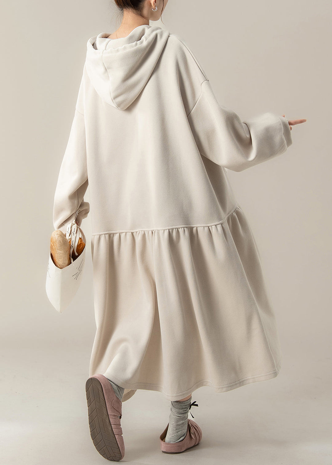 Plus Size Apricot Patchwork Cotton Hooded Dresses Fall