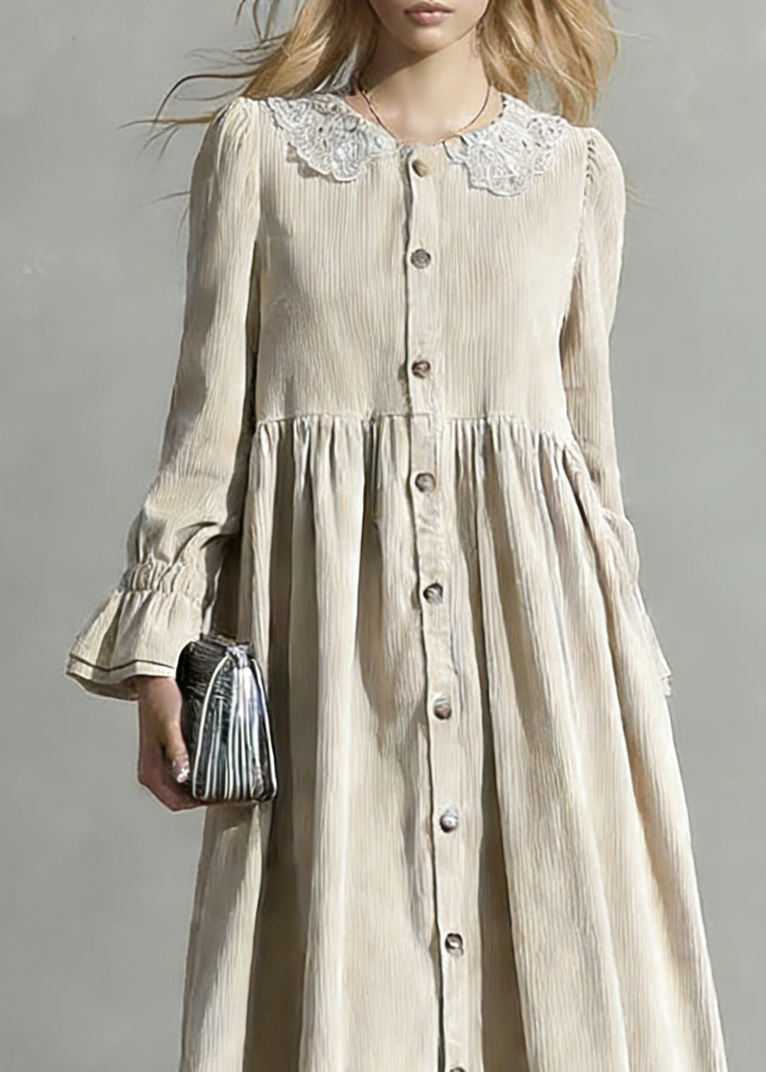Plus Size Apricot Peter Pan Collar Button Corduroy Blouses Dresses Spring - Omychic